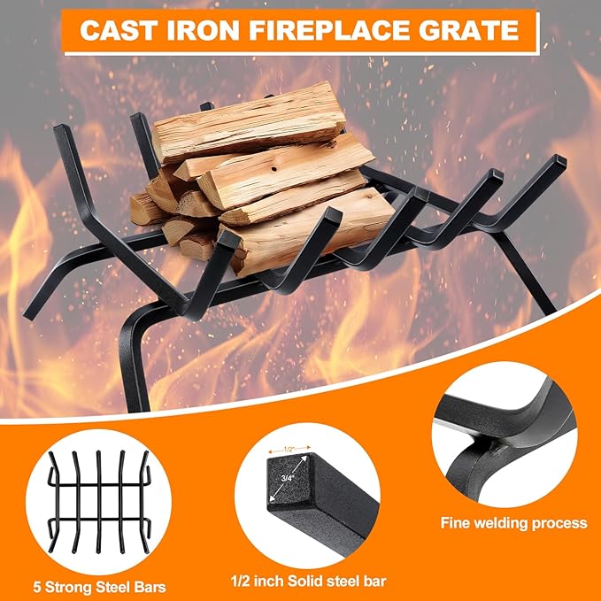 Fireplace Grate,Fireplace Log Holder,18 inch Heavy Duty Solid Cast Iron FIrewood Log Burning Rack for Inside The Fireplace Accessories Outood Fire Pit Kindling Fireplace Tools