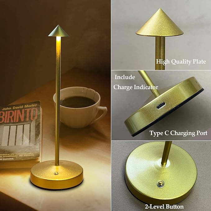 Rechargeable Cordless Table Lamp,Small Table Lamp,Portable LED Touch 2 Levels Brightness Dimmable Bar Lamp,Battery Powered Desk Lamp for Bars,Restaurant,Living Room(Gold)