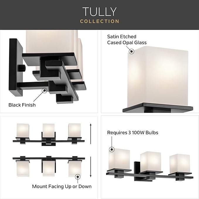 Kichler Tully 32" 4-Light Bathroom Vanity Light Fixture with Satin Etched Cased Opal Glass in Black for Over Mirror, Modern Wall Mount Lighting (32" x 6.5" x 7"), 45152BK