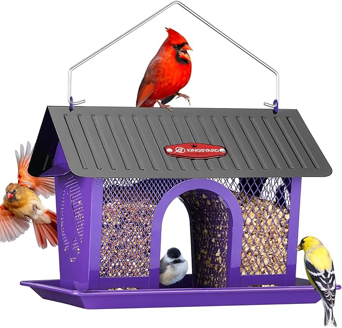 Kingsyard Metal Bird Feeders for Outdoors Hanging, Wild Bird Feeder with Seed Tray and Weatherproof Roof, 3 lbs Seed Capacity, Purple