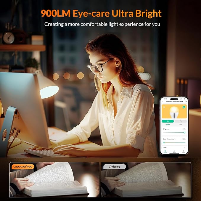 LEPOWER-TEC Smart Light Bulbs, Soft White Light Bulb, Compatible with Alexa/Google Assistant Only, Dimmable 900 Lumens LED Light Bulb, 8.5W (60W Equivalent), A19, WiFi 2.4Ghz, No Hub Required, 1 Pack
