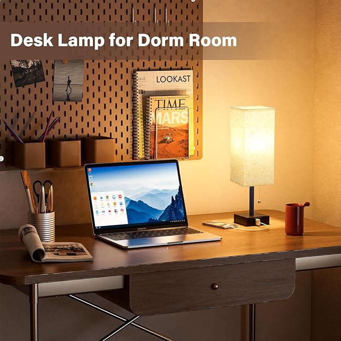 Fenmzee Bedside Lamps for Bedroom Set of 2 - Small Rectangular Nightstand Lamp with USB A C Charging Port, 3 Color Temperatures Desk Light with Bulb, Tabletop Reading Lamp for Living Room/Dorm/Office