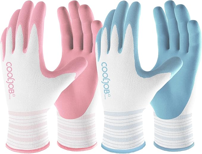 COOLJOB 2 Pairs Gardening Gloves for Women Ladies, Breathable Rubber Coated for Yard Garden, Outdoor Indoor Protective Work with Grip, Small Size, Blue & Pink