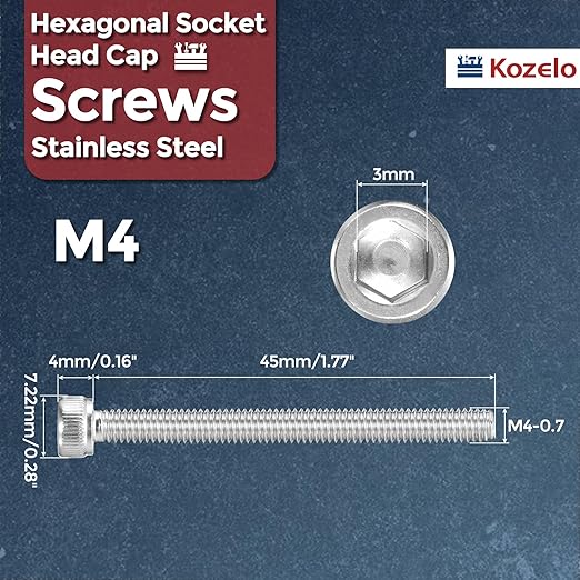 Kozelo 20pcs Socket Head Cap Screws - [M4-0.7 x 45mm] 304 Stainless Steel Allen Socket Drive for Electrical Motor 3D Printing Fan Engine Replacement Use, Silver