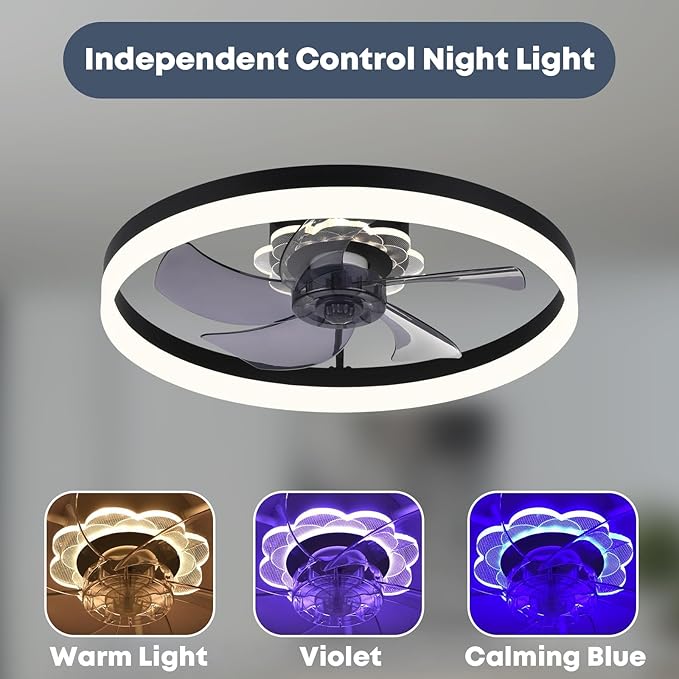 23.6'' Ceiling Fan with Light, Upgraded Low Profile Fan, Flush Mount Ceiling Fan, 6 Speeds, Dimmable LED, App & Remote Control, Quiet DC Motor, for Bedroom, Living Room, F115 Black