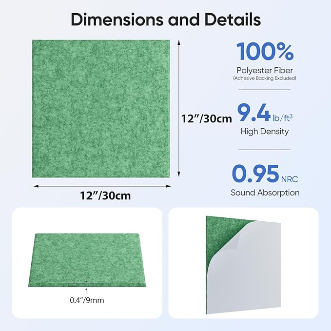 12 Pack 12" X 12" X 0.4" Acoustic Panels for Wall Sound Absorbing, Square Self-Adhesive Sound Panel, High Density Suitable for Multiple Scenarios(Forest Green)