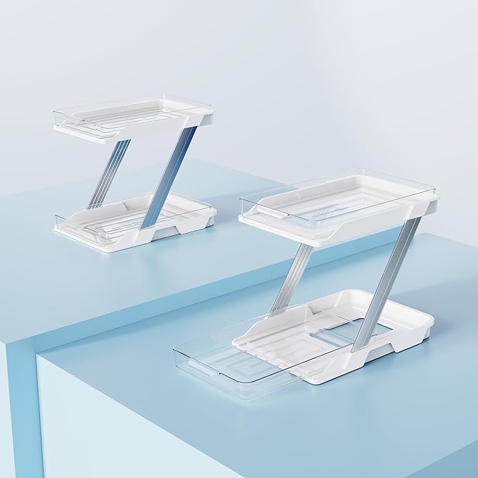 2 Pack Bathroom Organizers and Storage - Multi-Purpose,2-Tier Clear Pull Out Organization for Bathroom,Under Sink,Kitchen,Vanity,Countertop,Cabinet,Pantry & Medicine Cabinet,White