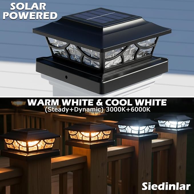 SIEDiNLAR Solar Post Lights Outdoor 4 Modes Deck Fence Post Cap Light for 4x4 5x5 6x6 Vinyl Wooden Posts Patio Garden Decor, Warm White & Cool White Dynamic Lighting Black (6 Pack)