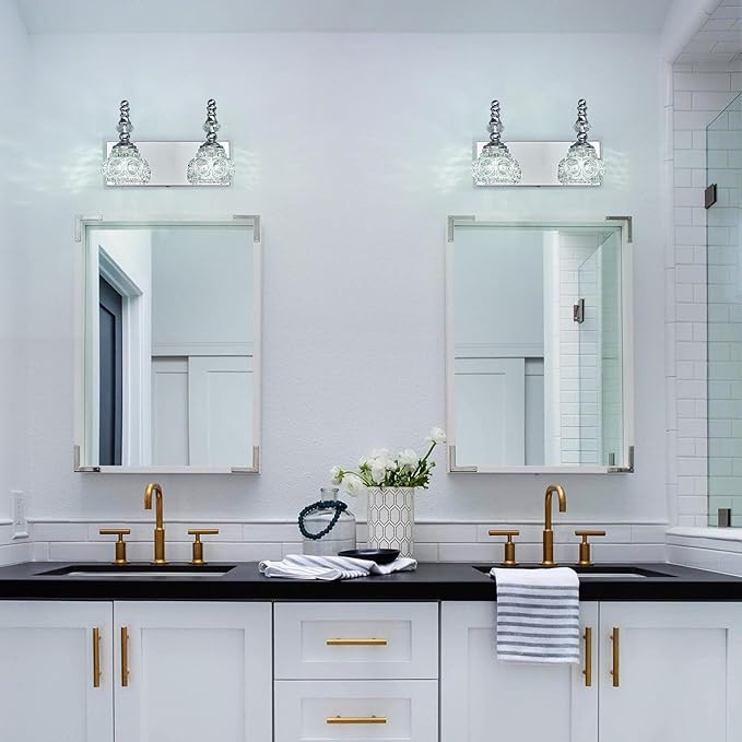 Modern Glass Crystal Vanity Light - Vintage Bathroom Lighting Fixtures Over Mirror, 2 Light Vanity Lights G9 Bulb (11.81 Inch, Chrome)