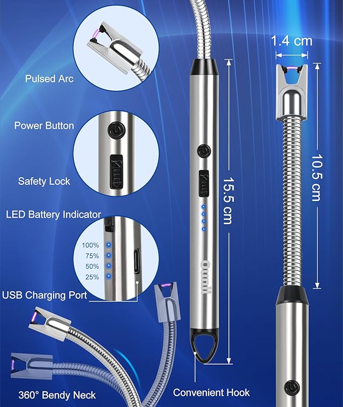 Ounil Electric Lighter Candle lighters USB Rechargeable Type-C Windproof Flameless arc Lighter LED Battery Display, Suitable for Light Candle Firework BBQ Camping (Blue