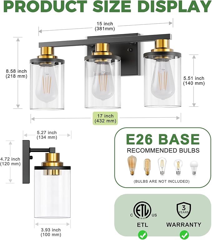 DORESshop Bathroom Light Fixtures, 3-Light Black and Gold Bathroom Lights Over Mirror with Clear Glass Shade,Vanity Lights for Bathroom Hallway Bedroom Living Room, ETL Listed