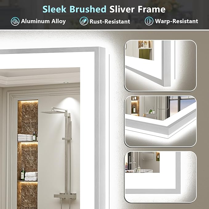 24x32 Brushed Nickel LED Bathroom Mirror with Lights, Sliver Framed Backlit and Front Lit Anti-Fog Lighted Vanity Mirrors for Bathroom Wall, Dimmable, 3 Colors, Memory, Tempered Glass, CRI＞90