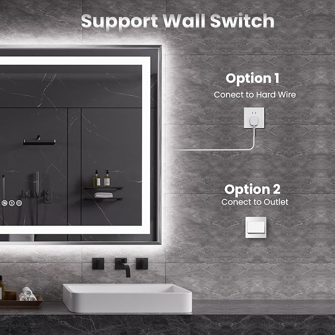 Amorho 60" X40" LED Bathroom Mirror, Brushed Nickel Framed Mirror with Front Light and Backlit, Stepless Dimmable, Anti-Fog, Shatter-Proof, Memory, 3 Colors