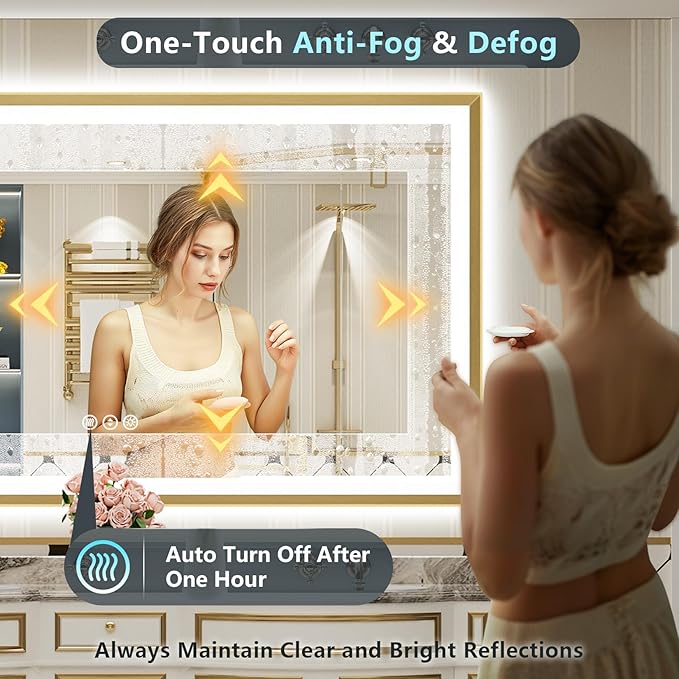 88x38 Gold Beveled LED Bathroom Mirror with Lights, Brushed Gold Framed Backlit and Front Lit Anti-Fog Lighted Vanity Mirrors for Bathroom Wall, Dimmable, 3 Colors, Memory, HD Tempered Glass