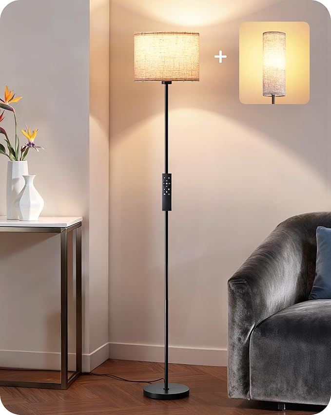 EDISHINE Dual Shades Floor Lamps for Living Room with Foot Switch, 63.7" Modern Standing Lamp with Remote Control, Stepless Dimmable Minimalist Lamps for Bedroom, Office, (9W Bulb Included), Black