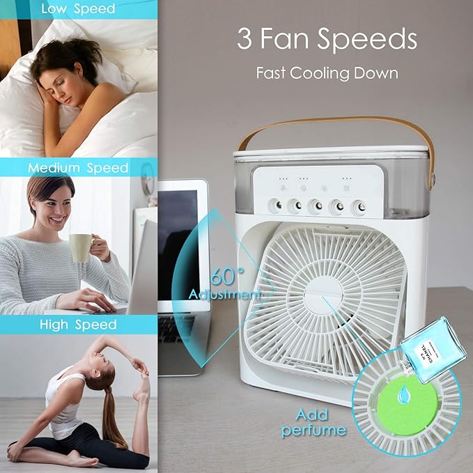 NTMY Portable Air Conditioner Fan, Mini Evaporative Air Cooler with 7 Colors LED Light, 1/2/3 H Timer, 3 Wind Speeds and 3 Spray Modes for Your Desk, Nightstand, or Coffee Table