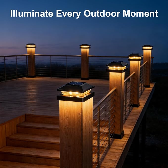 Brightever 4x4 3.5x3.5 Solar Post Cap Lights 6-Pack, Outdoor Solar Powered Fence Post Lights, Black Solar Waterproof Deck Post Lights for Vinyl/Wood Posts, Warm/Cool White, Perfect for Garden Patio