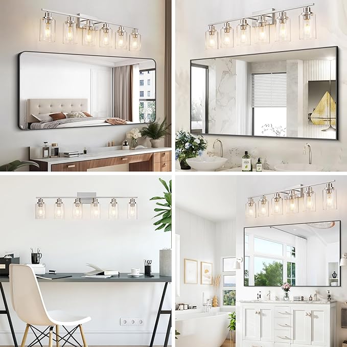 6 Light Bathroom Light Fixtures Brushed Nickel Vanity Light Over Mirror Modern Farmhouse Wall Lighting Sconces Wall Lamp for Bathroom, Bedroom, Living Room E26 Socket with Glass Shade