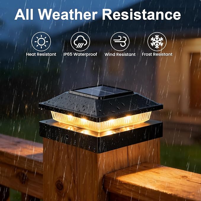 Brightever 4x4 3.5x3.5 Solar Post Cap Lights 6-Pack, Outdoor Solar Powered Fence Post Lights, Black Solar Waterproof Deck Post Lights for Vinyl/Wood Posts, Warm/Cool White, Perfect for Garden Patio