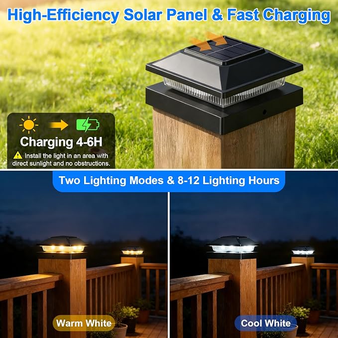 Brightever 4x4 3.5x3.5 Solar Post Cap Lights 6-Pack, Outdoor Solar Powered Fence Post Lights, Black Solar Waterproof Deck Post Lights for Vinyl/Wood Posts, Warm/Cool White, Perfect for Garden Patio