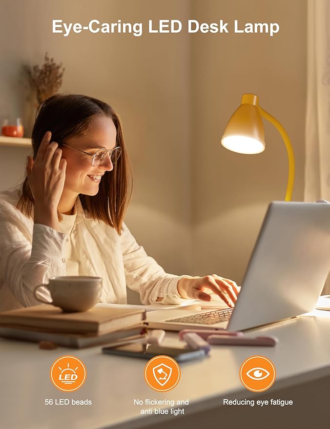BOHON LED Desk Lamp with USB Charging Port, 3 Color Modes Fully Dimmable Reading Lamp, Auto Dimming Task Lamp, Flexible Neck Table Light for Home Office Dorm Bedside, Bright Yellow
