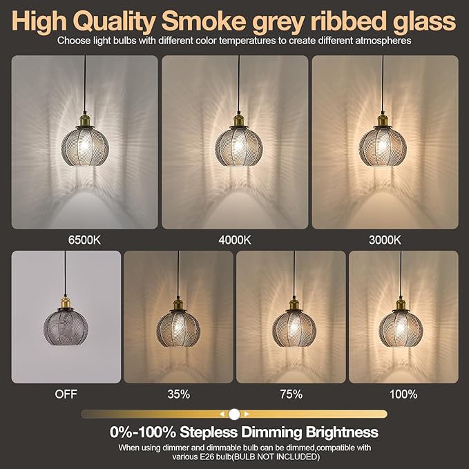 Modern Plug in Hanging Light, 7.8 Inch Glass Pendant Light with 14.76 FT Adjustable Plug in Cord, Vintage Smoke Gray Hanging Lamp for Dining Room Bedroom Kitchen Island Bathroom E26