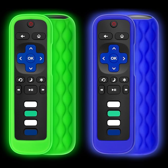 (Pack of 2) Remote Cover Case for Roku TV Remote Control/Silicone Protective Sleeve Skin - Glow in The Dark (Green/Blue)