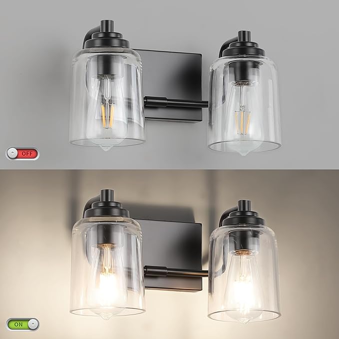 SOLFART Matt Black 2 Lights Wall Sconces Bathroom Light Fixtures Wall Light Fixtures Lighting Fixtures Over Mirror 13.8 Inch Wall Mount