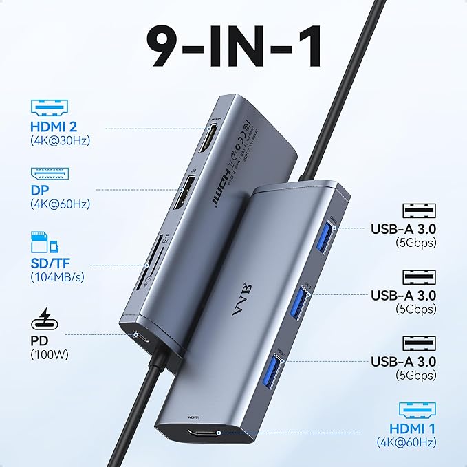 Docking Station VVB USB C Adapter,9 in 1 Triple Display USB C Hub Multiport Adapter Dongle with 2 HDMI 4K+DisplayPort+3 USB+100W PD+SD/TF Card Reader for Dell/HP/Lenovo Laptop Type C Laptops