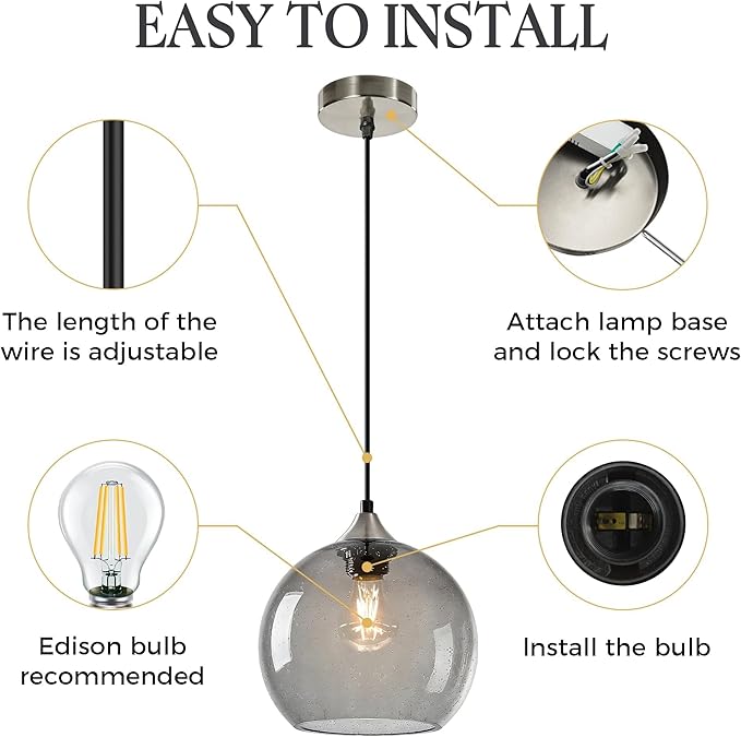 9.1in Large Light Gray Glass Pendant Light for Kitchen Island, 3-Pack with Extra LED Bulbs & 4.92ft Adjustable Cord | Modern Minimalist Lighting for Dining Room, Living Room, Entryway