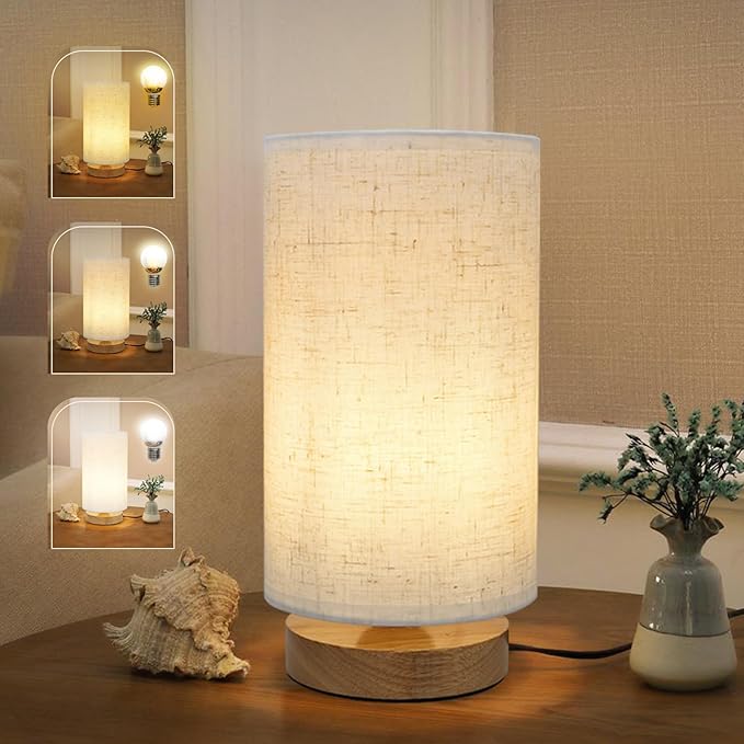 Minimalist Dimmable Nightstand Lamp with Round Fabric Linen Shade, 3 Color Temperatures, Desk & Bedside Lamp for Study, Living Room, Bedroom, Office, Dorm