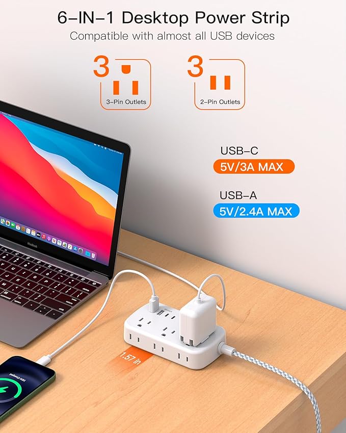 Extension Cord 25 Ft, Flat Plug Power Strip with 6 Outlets with 4 USB Ports(2 USB C), Wall Mount Charging Station, No Surge Protector for Home Office College Dorm Room Travel Essentials
