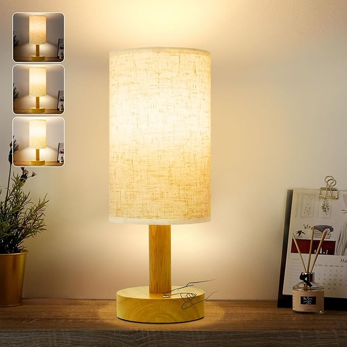 Rechargeable Cordless Table Lamp,Touch Control&Stepless Dimming,Wireless Bedside Ambient Night Light with Wood Base&Linen Shade,Portable Battery Lamp for Bedroom,Nightstand,Nursery,Camping,Outdoor