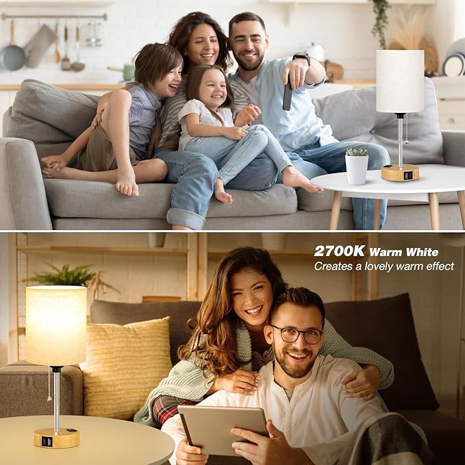 Small Bedside Lamp for Bedroom Nightstand - Table Lamp with USB C and A Port, Pull Chain Bed Lamps with AC Outlet, Wood Base Night Stand Lights for Kids Reading, Desk Lamp for Living Room/Dorm Room