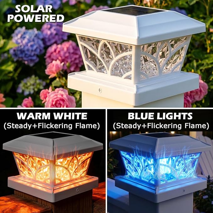 SIEDiNLAR Flickering Flame Solar Post Cap Lights 4 Modes 4 Pack, Upgrade Model for 4x4 5x5 6x6 Vinyl/Wood Posts, Waterproof Outdoor Fence Deck Patio Decor, Warm White & Blue Light (White)