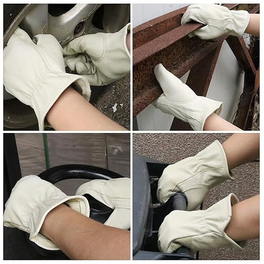 HANDLANDY HLDD 2 Pairs Cowhide Leather Work Gloves with Reinforced Palm for Men & Women (Beige-12pairs, Medium (Pack of 12))