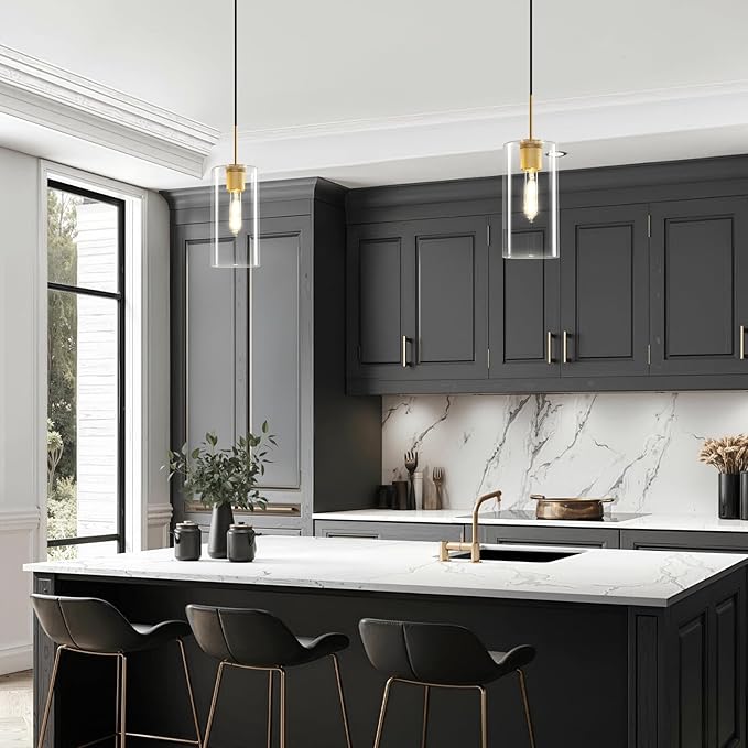 Modern Gold Glass Pendant Light: Cylinder Clear Glass Pendant Light over Kitchen Island Set of 2 - Simple Brass Hanging Lights with Short Tube - Height Adjustable Pendants Lighting Fixture for Bedroom