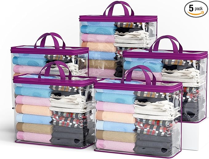 5PACK Clear Zippered Storage Bags for Clothes, 22L Closet Organizers Bag, and Blanket Storage Bags for Bedding, Linen, Blankets, Comforters, Clothing & Toys (Purple)