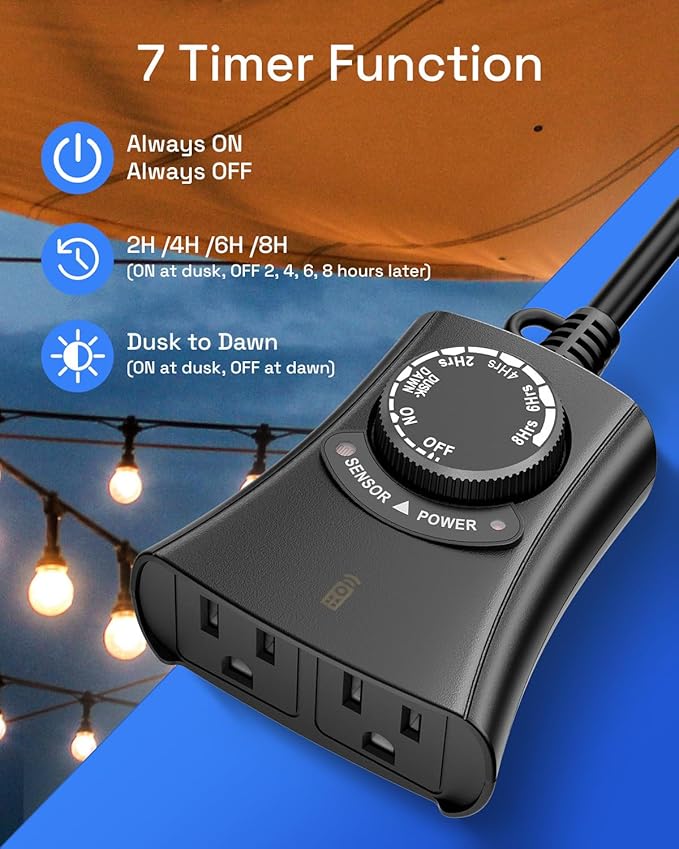 HBN Outdoor Light Timer with Remote Control, Waterproof Light Sensor Timer, 100 ft Wireless Range, 2 Grounded Outlets for Christmas Lights, 15A 1/2HP Heavy Duty