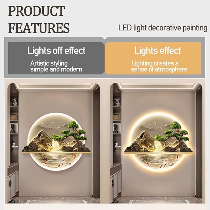 Bubinblau D,60 * 72cm, Mountain Tree Wall Art with Led Light, Zen Wall Art Decor, Luminous Wall Sculptures Painting, for Study Room, Dining Room, Living Room, Tea Room