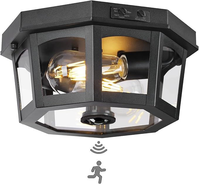 Outdoor Ceiling Light Fixture, Motion Sensor Flush Mount Porch Lights, Exterior Dusk to Dawn Lamp with Activated Detector, Modern Waterproof Lighting for Garage, Entryway, Patio, Front Door