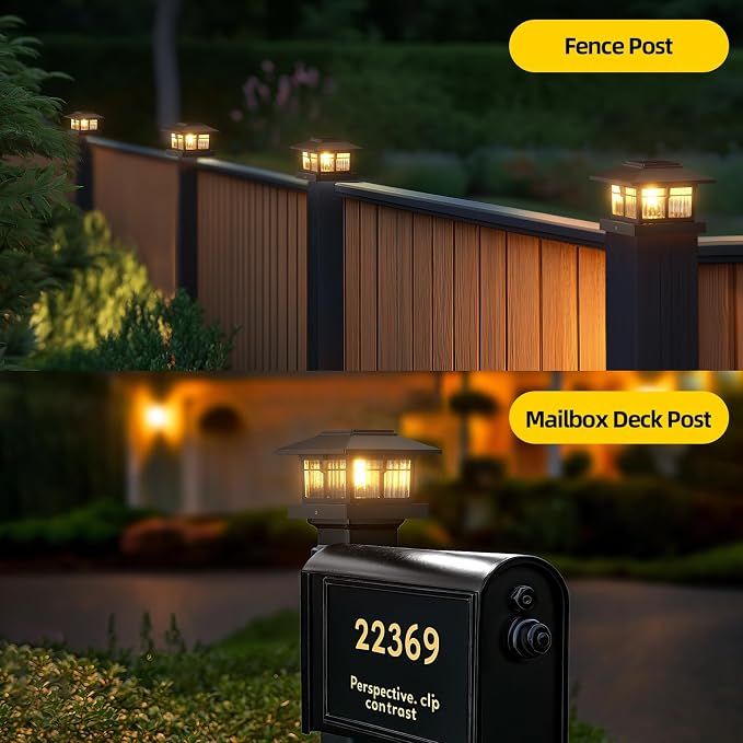 EXCMARK 4x4 Solar Post Cap Lights, 4 Pack Fence Deck Post Lights Outdoor Solar Powered Waterproof with Two Light Modes Warm&Cool White for Garden Patio Decor. (Classic Black, 4)