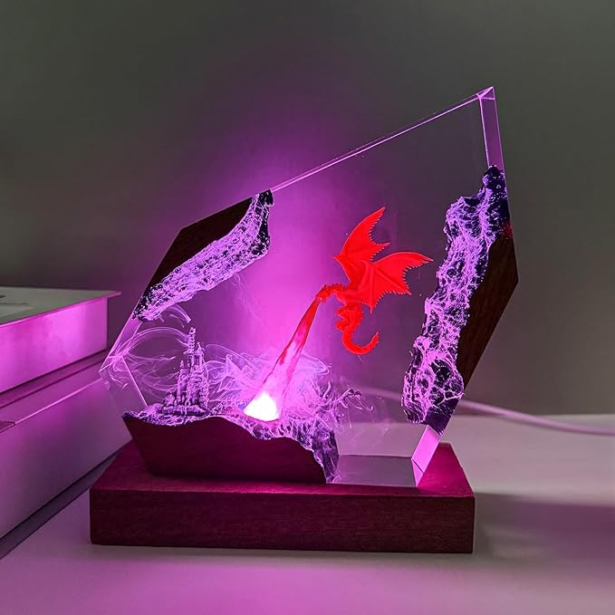 Epoxy Fire Dragon Resin Lamp, Handmade Resin Night Light with USB Port, Multi-Color LED Light, Ideal Home Bedroom Decor, Unique Birthday Holiday Gifts for Father Men Husband Boyfriend Him (10"x6")
