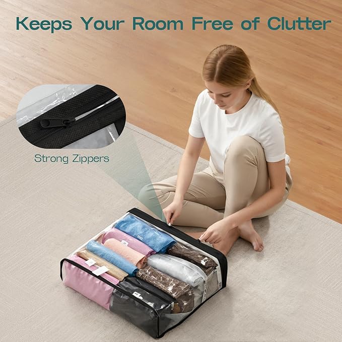 Hopack Under Bed Storage Bags Organizer, 22L Clear Storage Bags, Bags Organizer Clear Zipper Containers Bedroom, Storage Bag for Sweater, Clothes, Shoe Toy, Blanket, Sheet (Black,10PACK)
