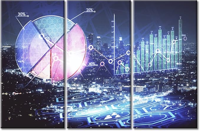 3 Piece Financial Graph on Night City Scape with Tall Buildings Background Wall Art Analysis Concept Paintings Black and White Wall Art House Decor Stretched and Framed Ready to Hang (42"Wx28"H)