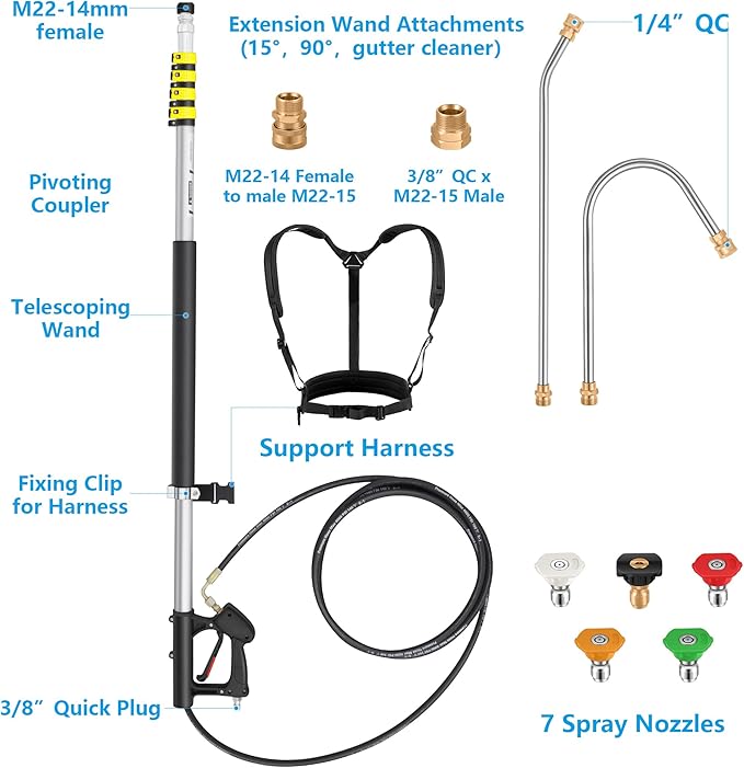 24 FT Telescoping Pressure Washer Wand Extension, Aluminum Power Washer Extension Wand with Brush Head, 5 Nozzle Tips, 2 Adapters, Support Belt, Gutter Cleaning Tools from The Ground