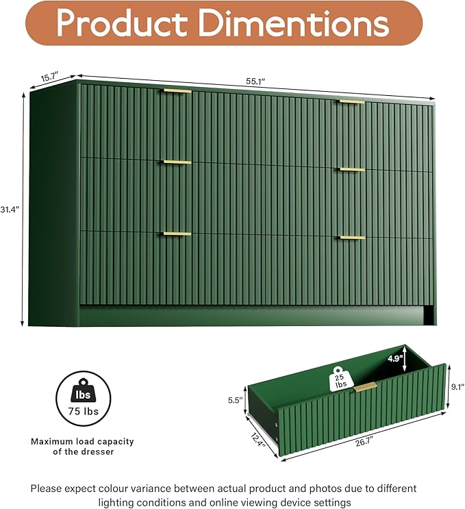Green Dresser for Bedroom, Modern Dresser with 6 Drawers and Smooth Slides, Wide Chest of Drawers with Golden Handles for Bedroom, Living Room, Closet, 15.7" D x 55.1" W x 31.4" H