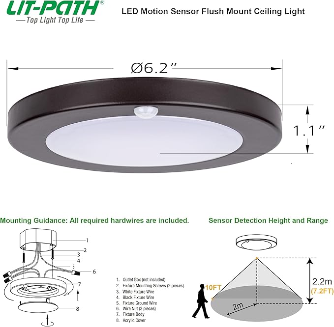 LIT-PaTH LED Flush Mount Ceiling Light, Closet Lighting Fixture with Motion Sensor, 10.5W, 700 Lumen, 6.2 Inch, Anti-Rust Galvanized Housing, Bronze Finish 3000K 2-Pack