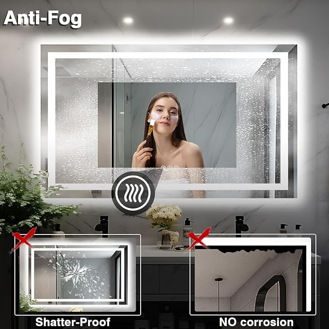 50"x32" LED Lit Bathroom Mirror, Front and Backlit LED Mirror, Anti-Fog Bathroom Mirror with Lights, 3 Colors Stepless Dimmable Mirror, Touch Sense (Horizontal/Vertical)