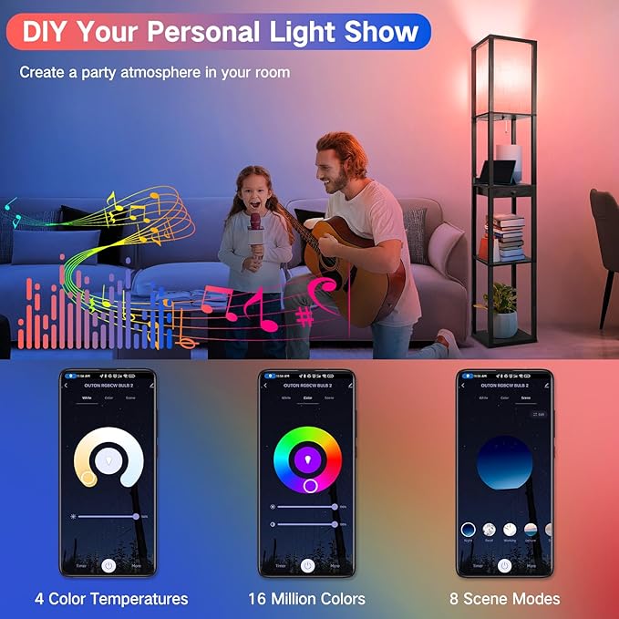OUTON Floor Lamp with Shelves & Drawer, LED Dimmable Floor Lamp with Remote & App & Voice Control, Charging Station, Color Changing, Storage Display Wood Standing Lamp for Living Room, Bedroom Office